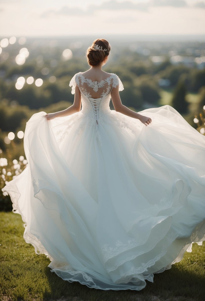 An ethereal princess dress billowing in the wind, with flowing fabric and intricate lace details, reminiscent of a Cinderella wedding gown