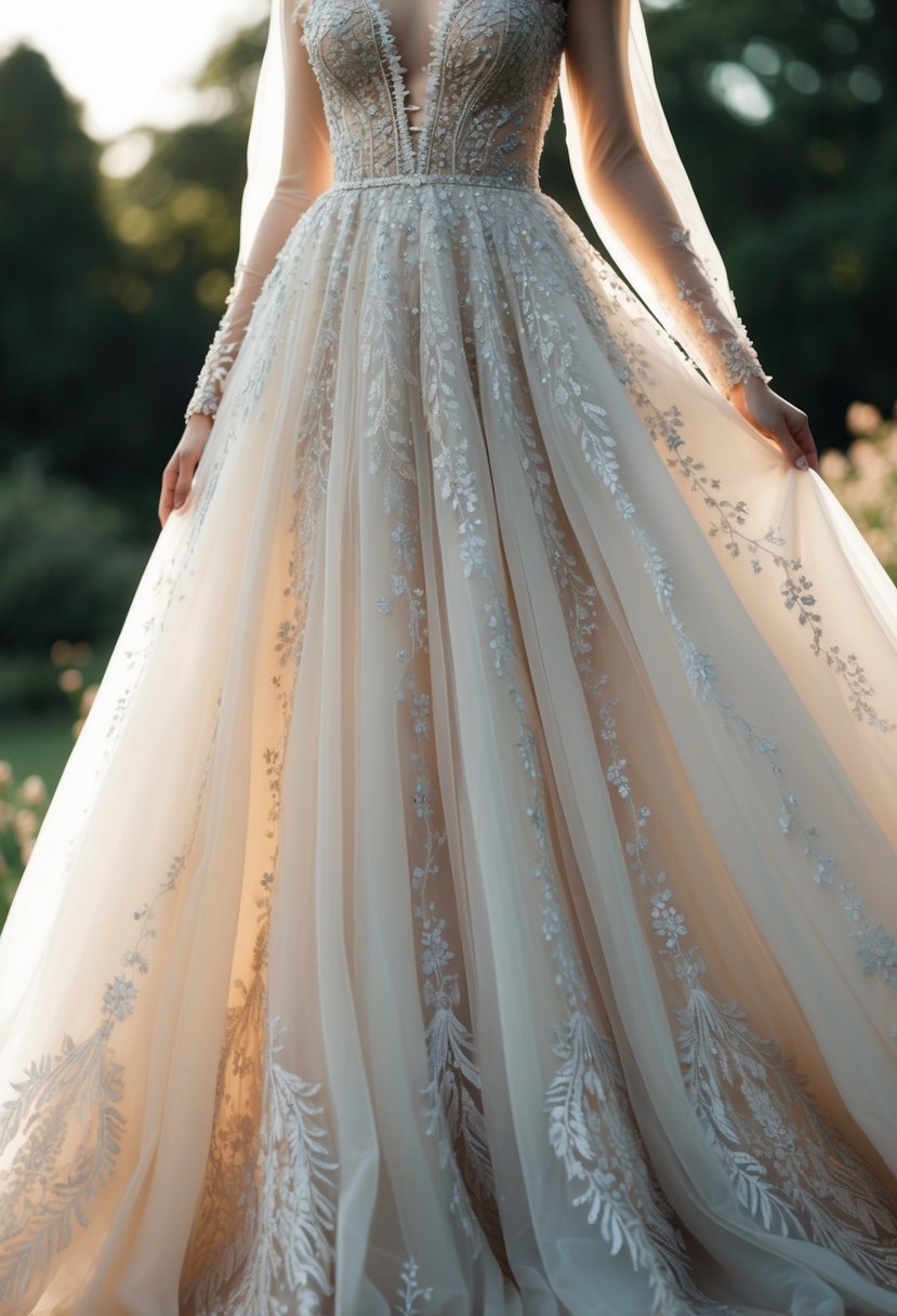 A flowing, romantic dress with intricate lace details, adorned with delicate embroidery and shimmering sequins, cascading down in a dreamy, ethereal silhouette