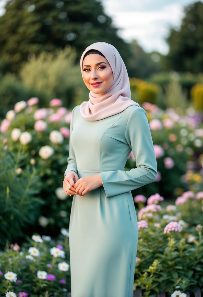 A woman in a subtle hijab and matching dress stands in a garden, surrounded by blooming flowers and greenery, with a serene expression on her face