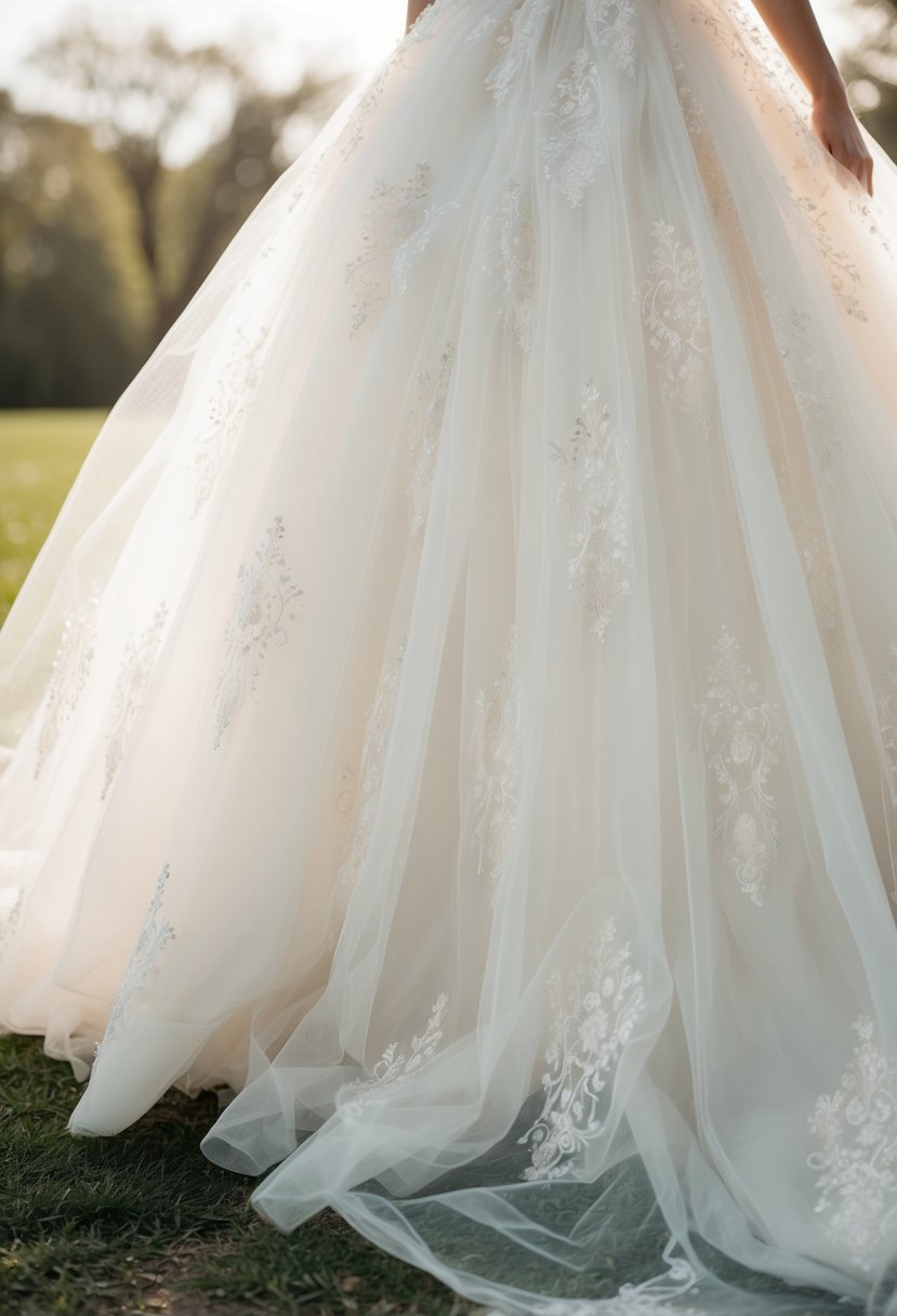 A billowing tulle skirt adorned with delicate, enchanting patterns, evoking the essence of a fairytale Cinderella wedding dress