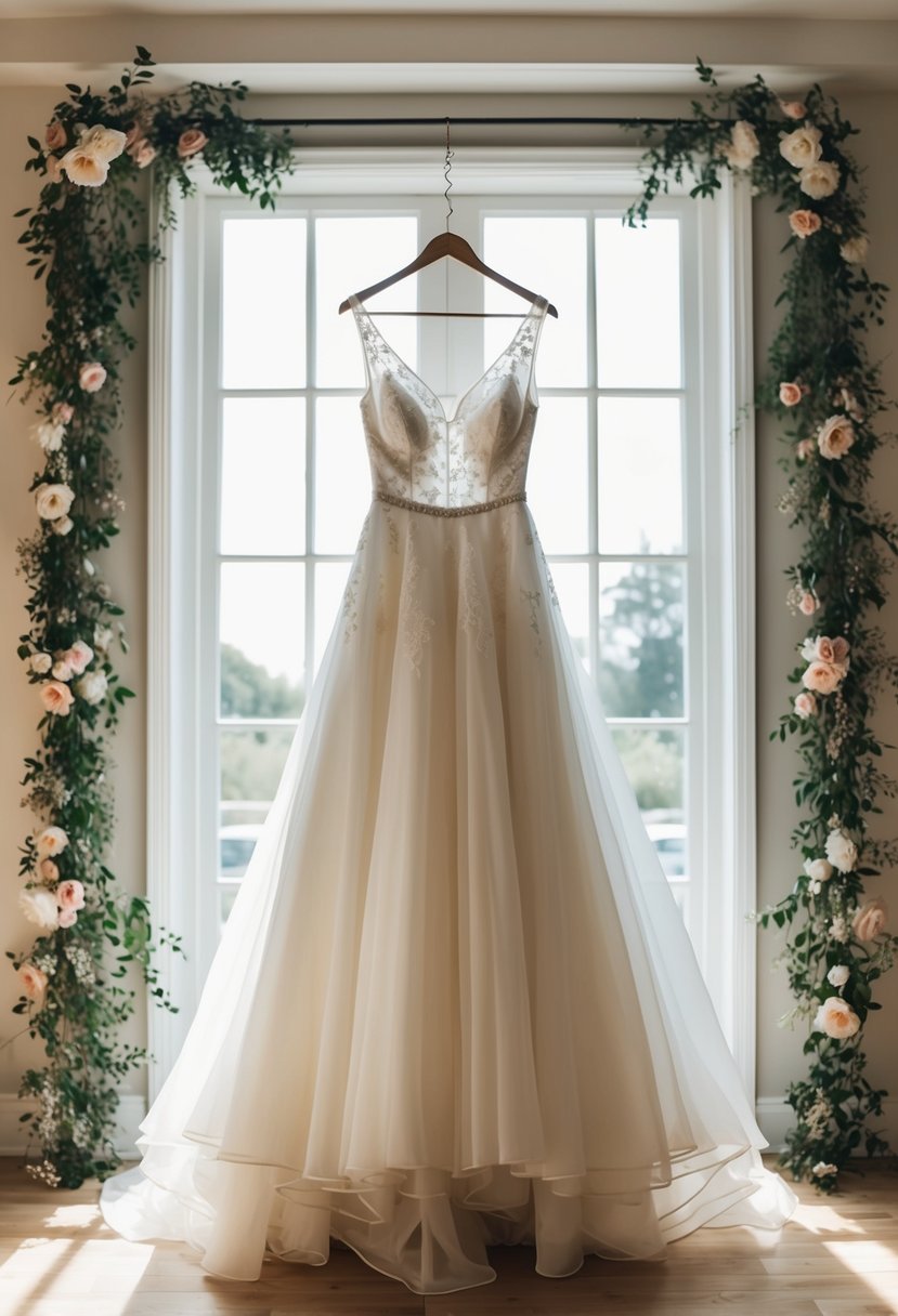 A flowing boho-style Cinderella wedding gown hanging in a sunlit room with floral accents