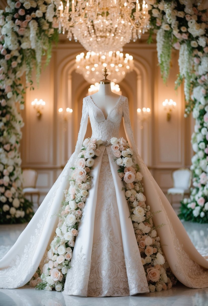 A lavish gown adorned with grandiose floral arrangements, fit for a fairytale wedding