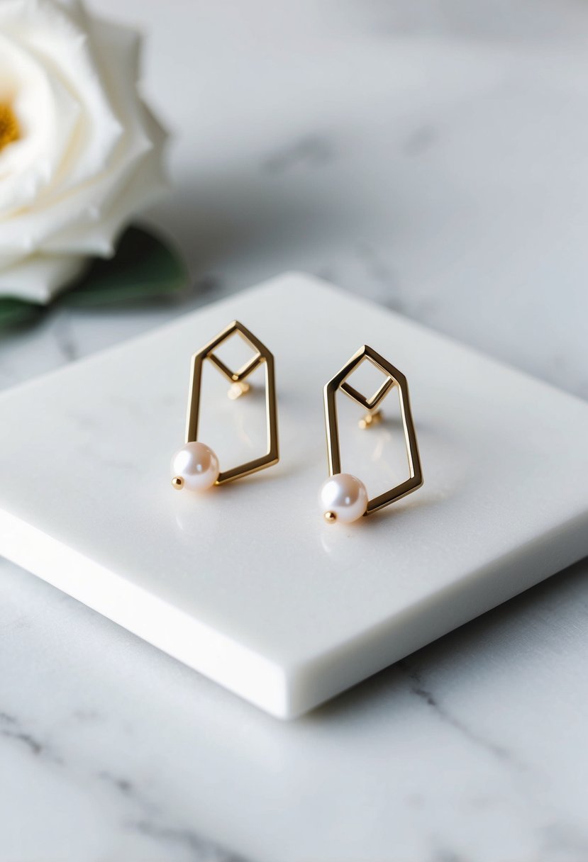 A sleek, minimalist pair of geometric gold earrings with delicate pearl accents, displayed on a clean, white marble surface