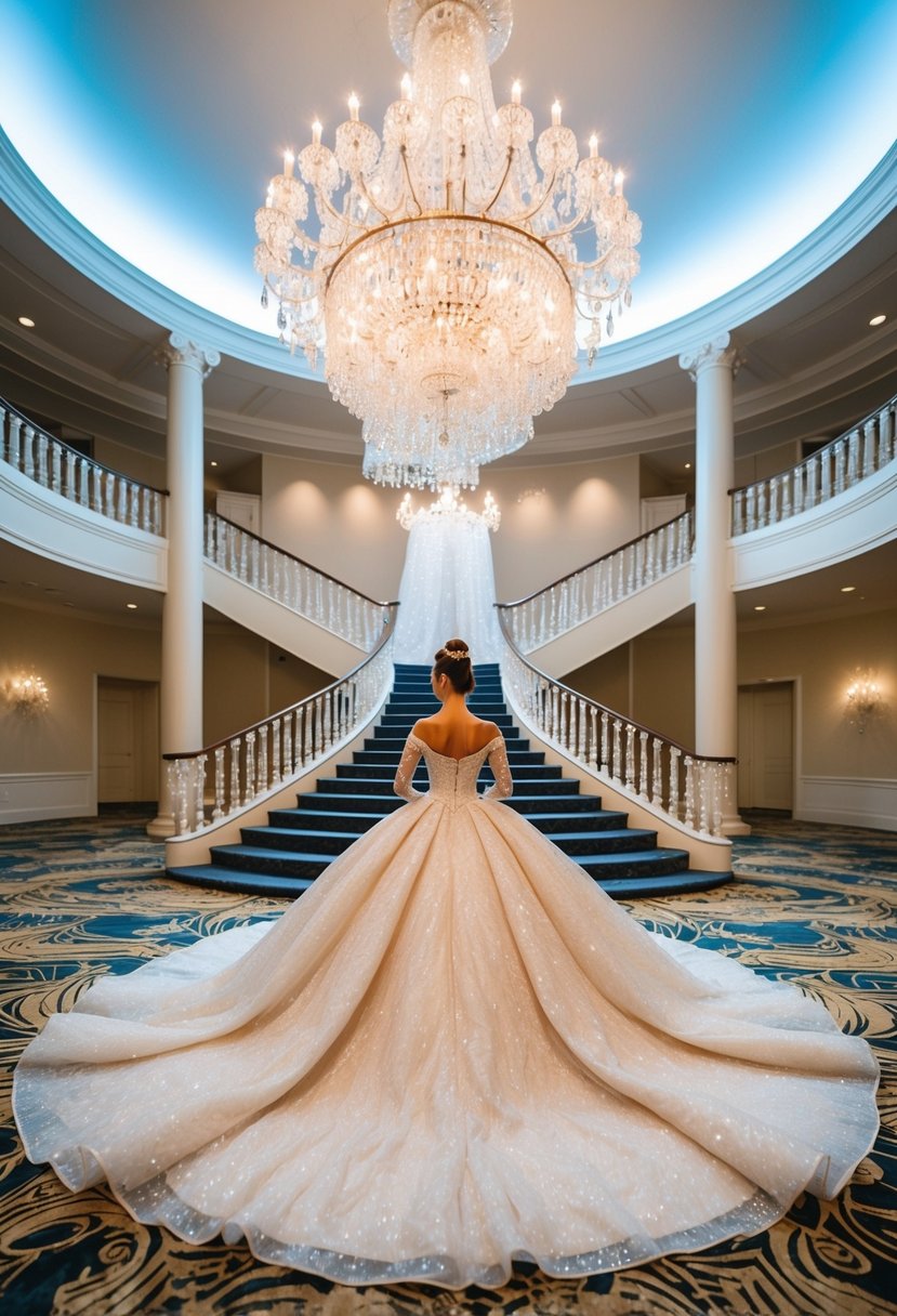 A grand ballroom with a sparkling chandelier, a cascading staircase, and a flowing, opulent Cinderella ball gown at the center