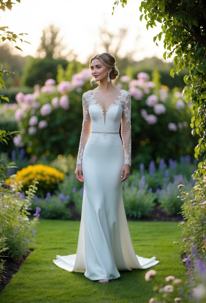 A bride in a long-sleeve wedding dress stands in a garden, surrounded by blooming flowers and greenery, with a soft, romantic lighting