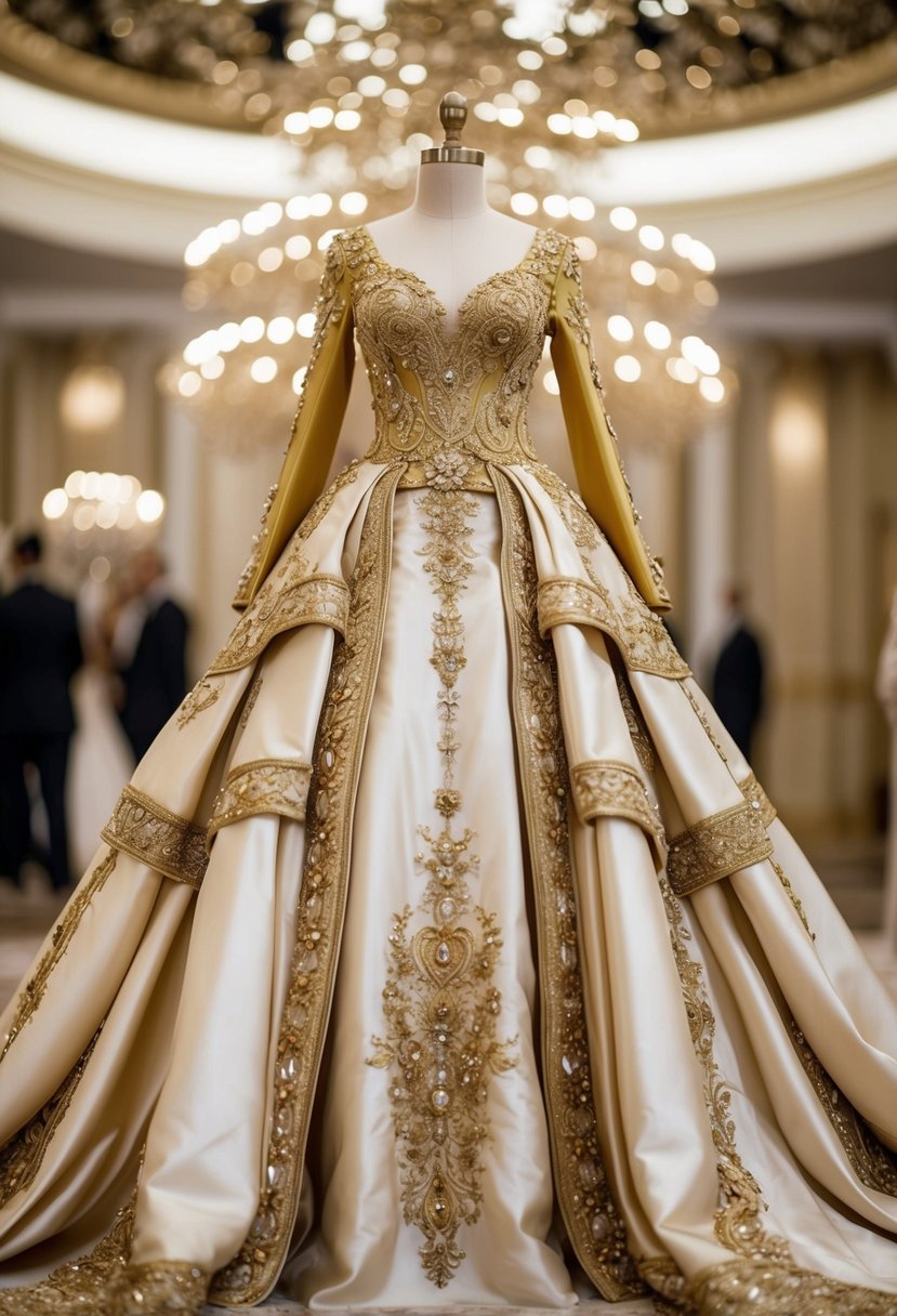 An opulent dress adorned with gold accents, cascading layers of fabric, and intricate embroidery, fit for a fairytale wedding