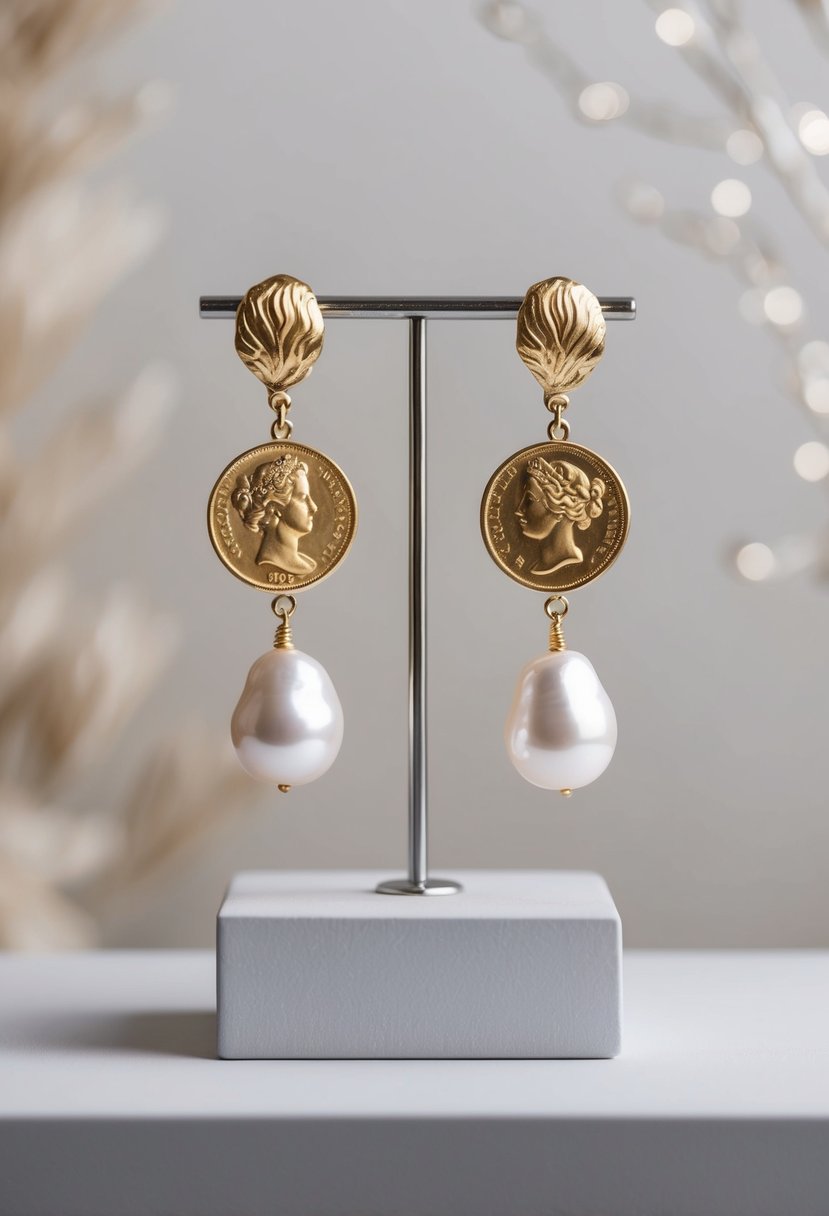 A pair of gold coin and baroque pearl earrings displayed on a sleek, minimalist pedestal against a soft, neutral background