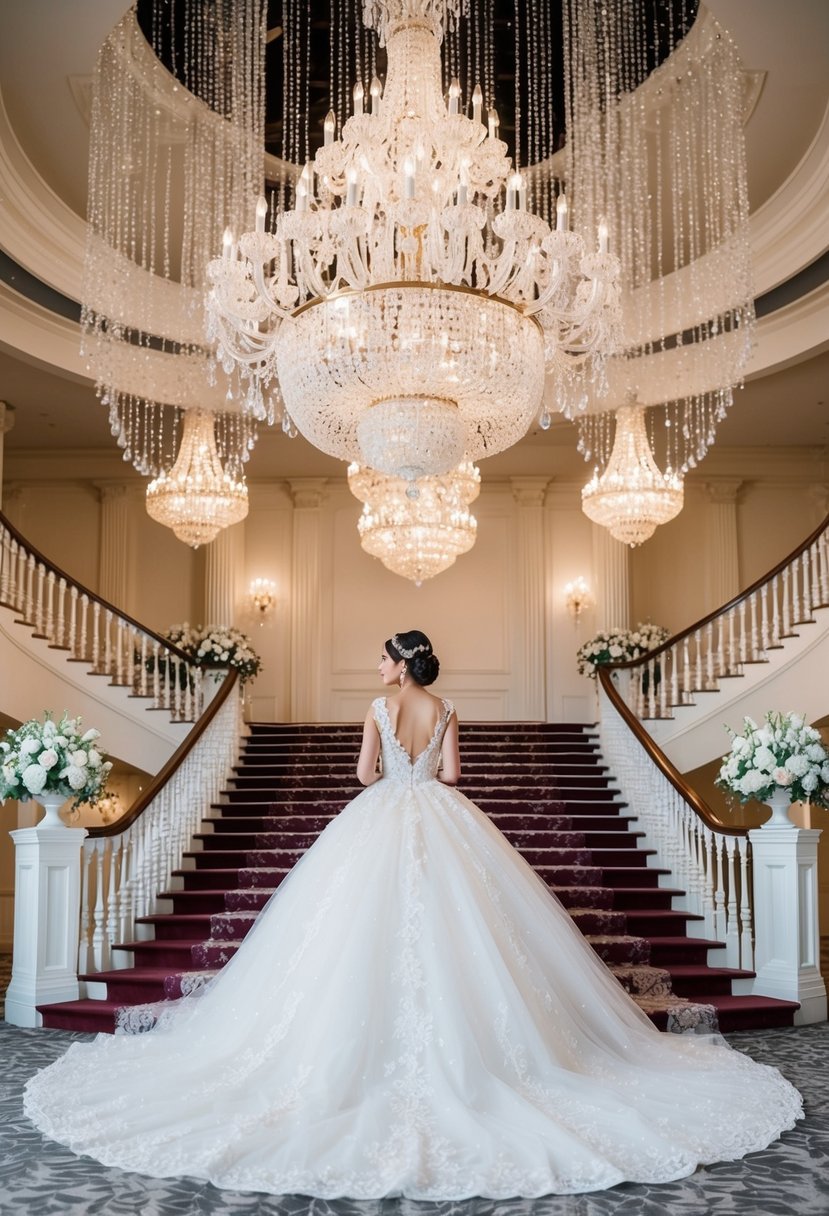 A sparkling ballroom with cascading crystal chandeliers and a grand staircase, adorned with delicate lace and shimmering tulle wedding gowns