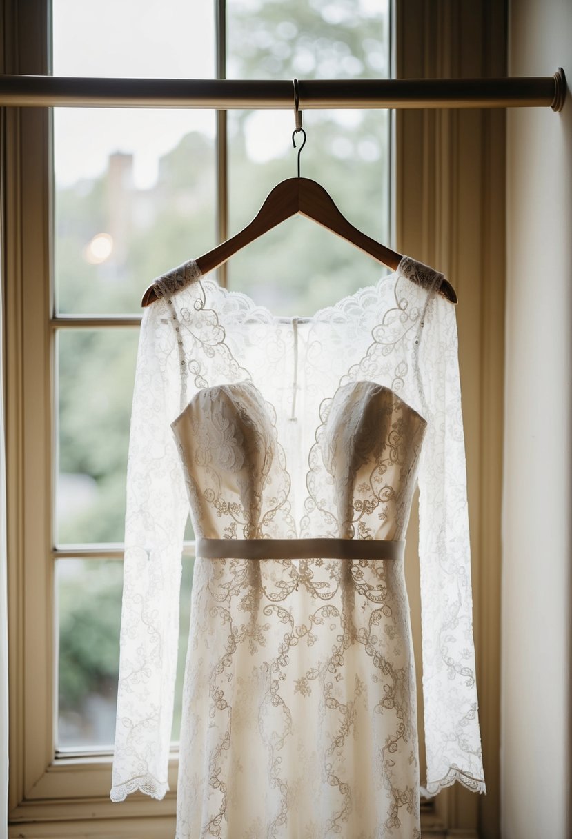 A lace long sleeve wedding dress hanging on a vintage wooden hanger, with soft natural light filtering through a nearby window