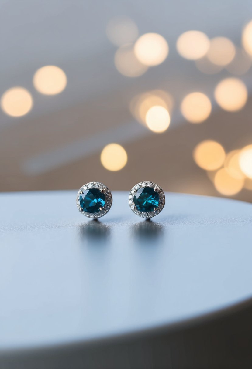 A pair of gemstone ear jacket studs displayed on a sleek, minimalist surface with soft, diffused lighting