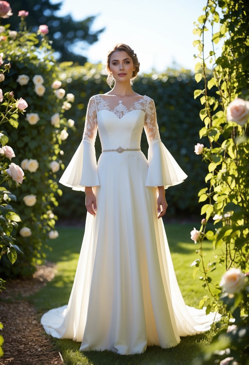 A bride stands in a sunlit garden, wearing a vintage-inspired wedding dress with flowing bell sleeves, surrounded by blooming roses and trailing ivy