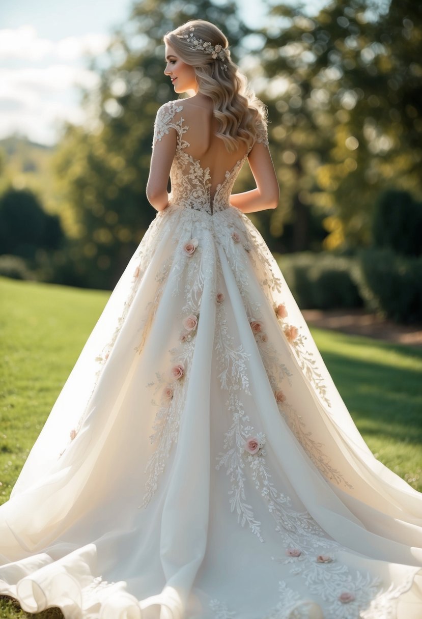 A flowing gown adorned with intricate floral designs, fit for a fairytale wedding