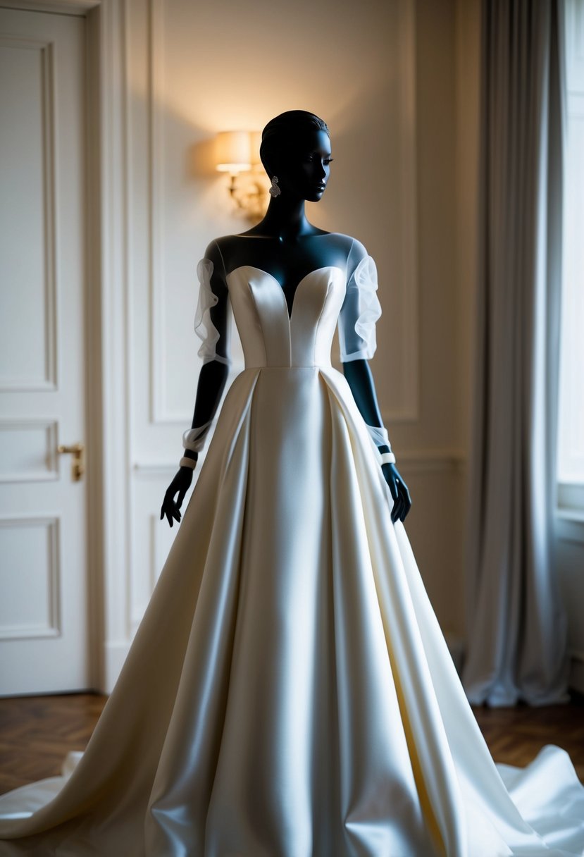 A figure in an elegant satin gown with illusion sleeves, standing in a softly lit room