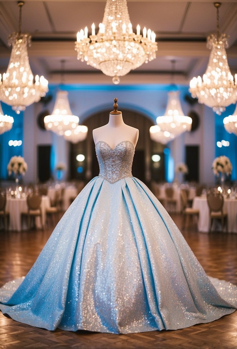 A grand ballroom with a sparkling Cinderella gown on a mannequin, surrounded by shimmering chandeliers and elegant decor