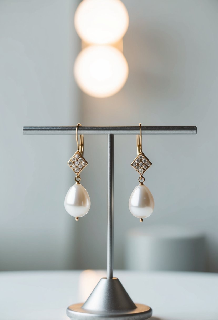 A pair of vintage pearl droplet earrings displayed on a modern, minimalist backdrop with soft lighting