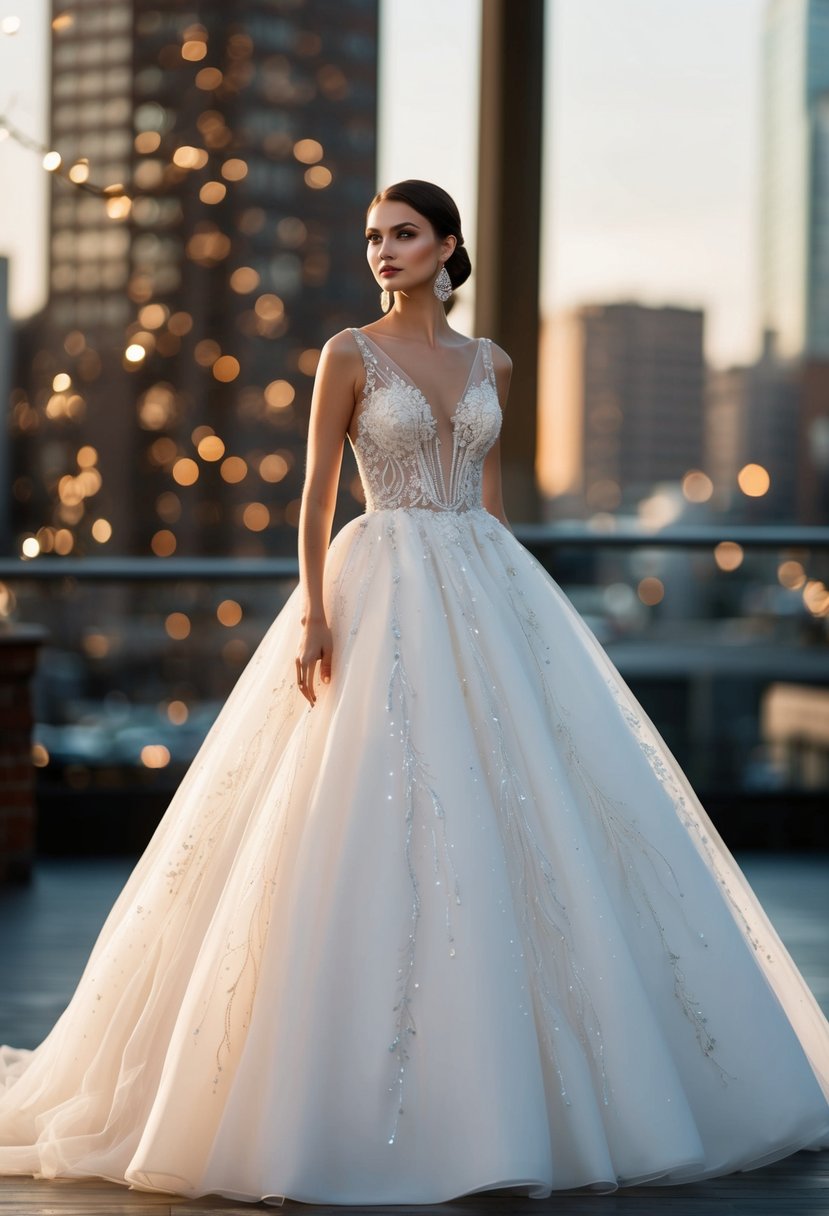 A flowing ballgown with a modern twist, adorned with delicate sparkles and intricate lace details