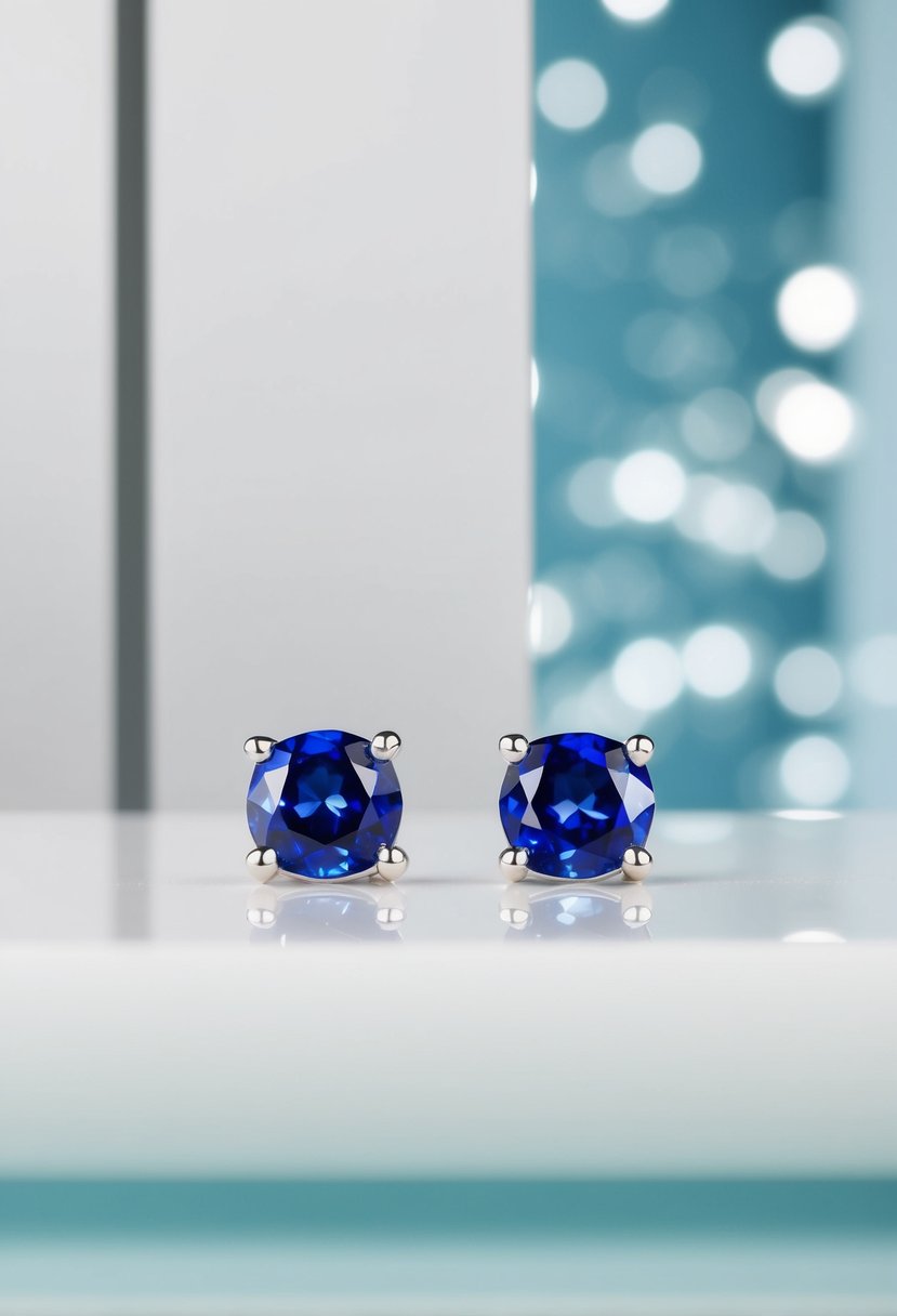 A sleek, geometric pair of sapphire studs set against a backdrop of clean, elegant lines and luxurious materials