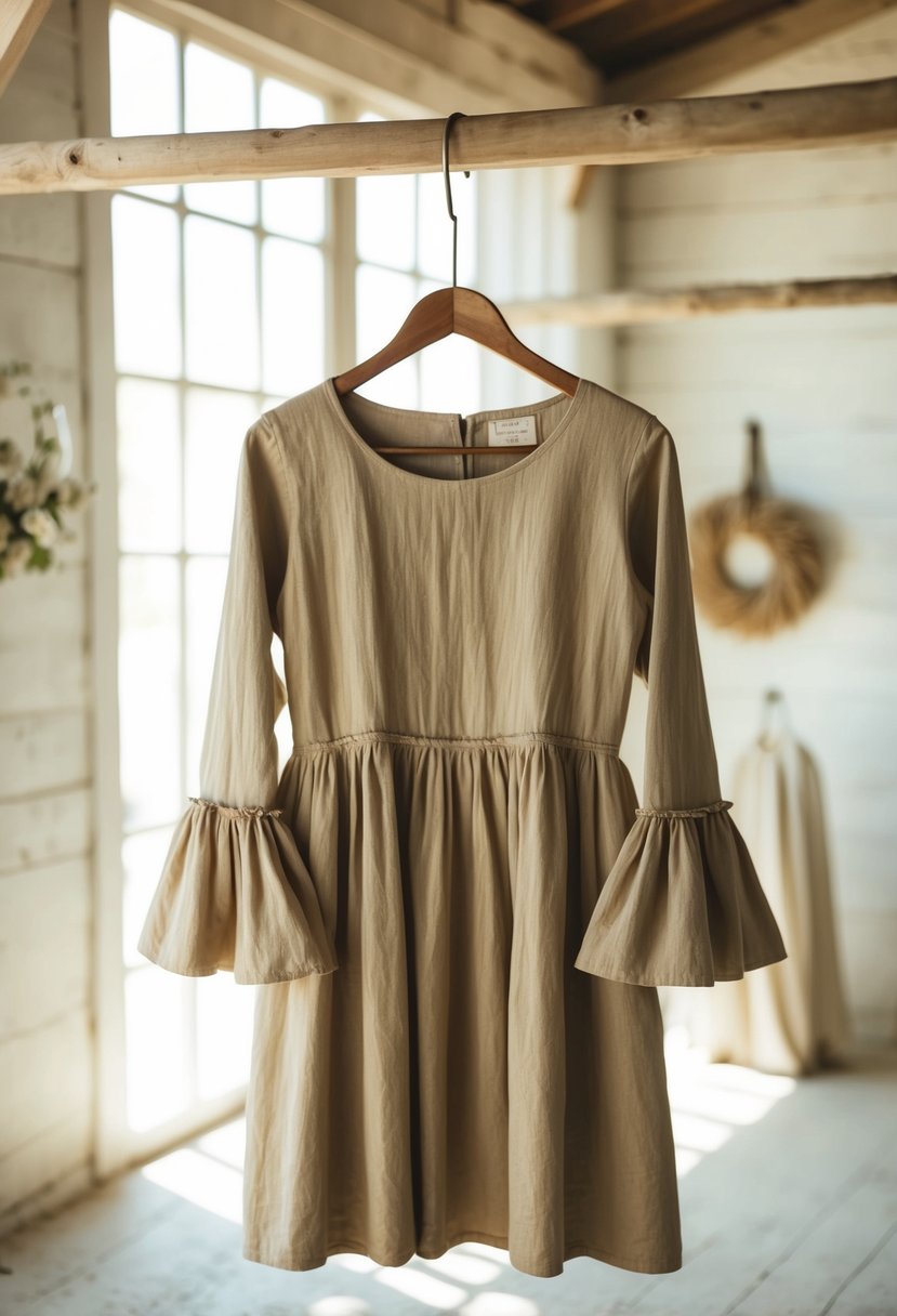 A rustic cotton bell-sleeve dress hangs on a wooden hanger in a sunlit, airy room with vintage decor