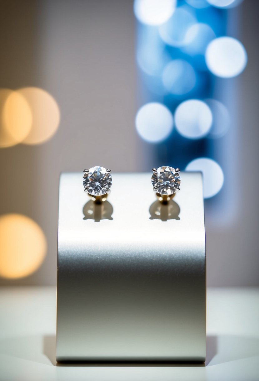 Two elegant solitaire diamond studs set in white gold, displayed on a sleek, minimalist display stand