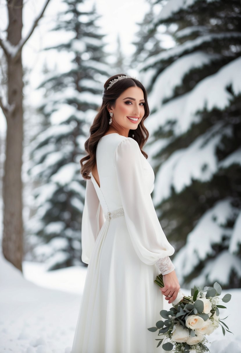 A bride in a long-sleeve chiffon wedding dress, surrounded by snow-covered trees and a cozy winter setting