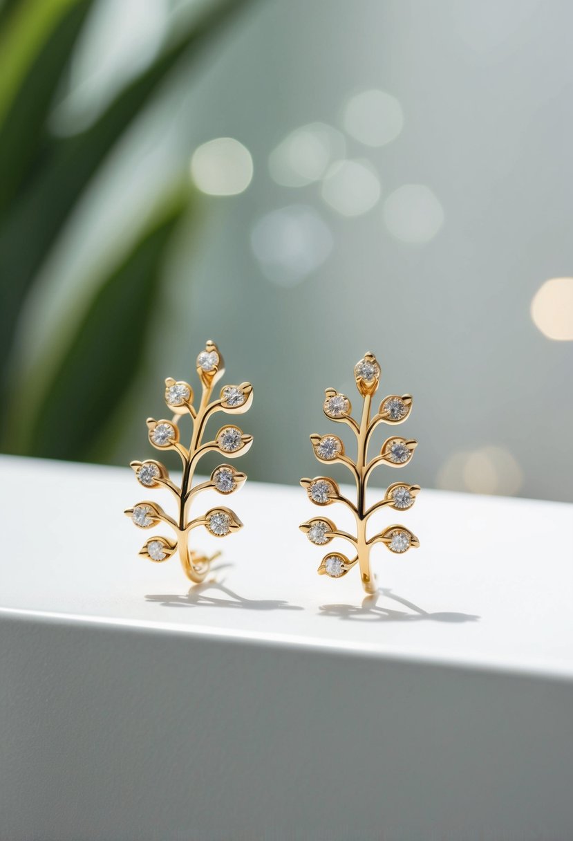 A pair of delicate gold flower vine earrings displayed on a clean, modern surface with soft lighting