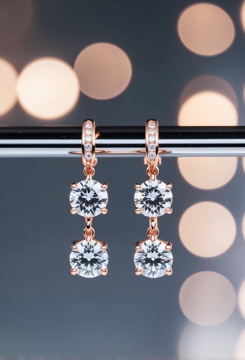 A close-up of elegant rose gold diamond drop earrings on a sleek, modern display