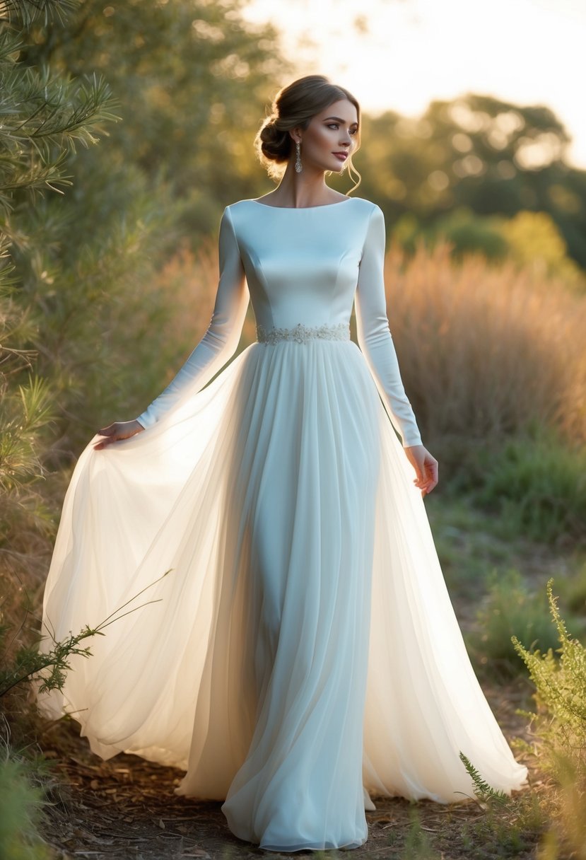 An ethereal bride in an empire waist, long sleeve wedding dress with a flowing skirt, surrounded by nature and soft, warm light