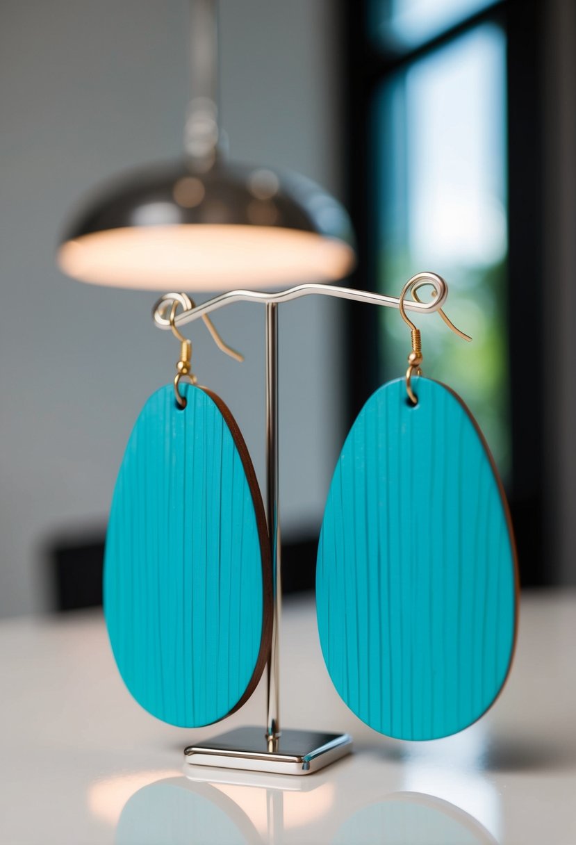 A pair of turquoise blue wood earrings displayed on a sleek, modern surface, with soft lighting highlighting their elegant design