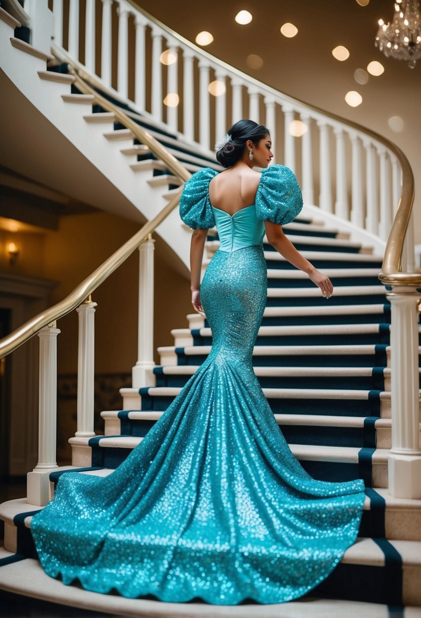 A mermaid dress with sparkling puff sleeves, cascading down a grand staircase