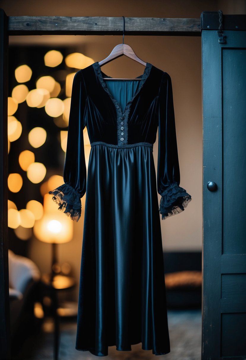 A gothic black silk long sleeve dress hanging on a rustic wooden hanger in a dimly lit room