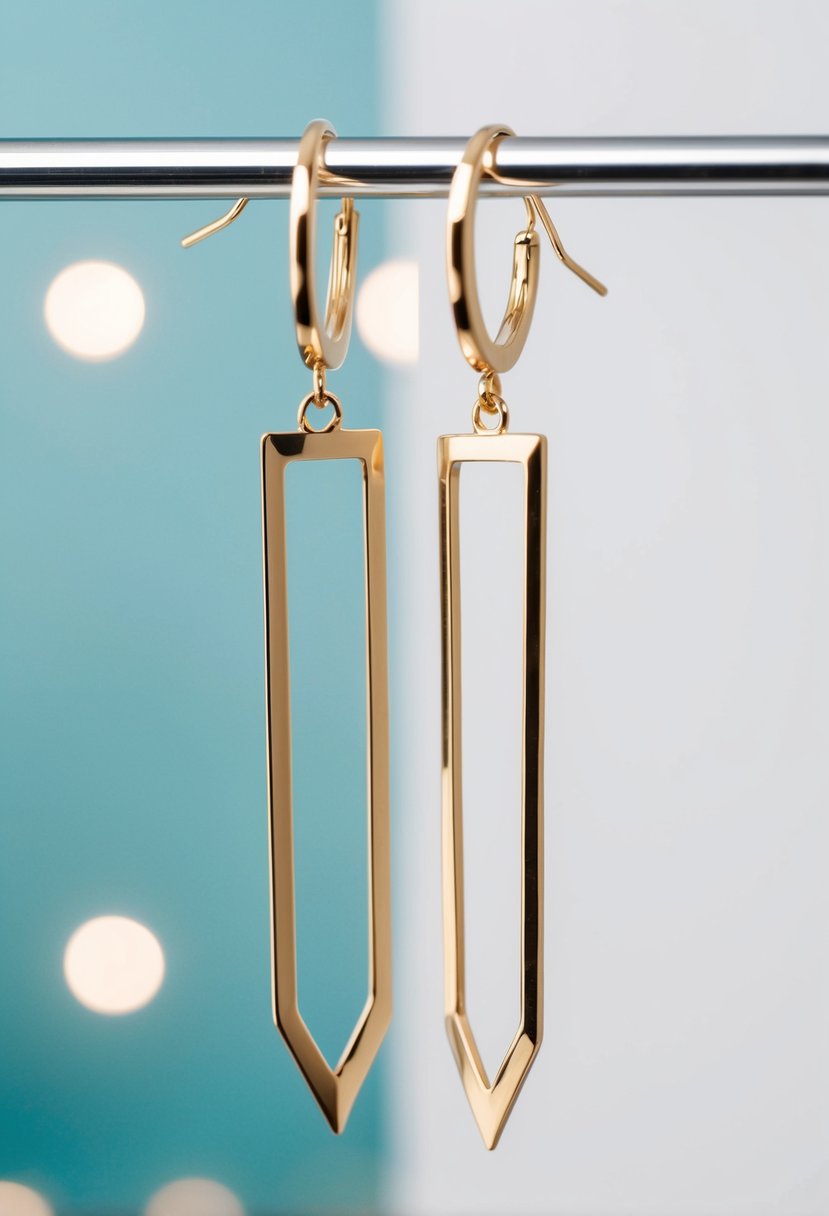 Two long, geometric earrings dangle against a clean, modern backdrop, evoking a sense of elegance and contemporary style