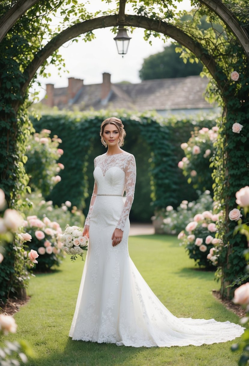 A bride in a lace, long-sleeved wedding dress stands in a vintage garden, surrounded by blooming roses and ivy-covered archways