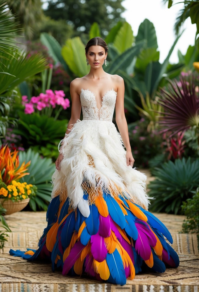 A bride in a flowing, colorful gown made of feathers and lace, surrounded by a garden of exotic flowers and plants