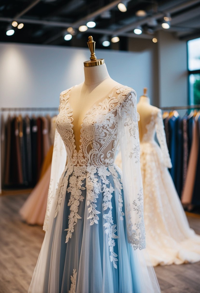 A modern lace and tulle gown displayed on a mannequin, with intricate long sleeves and delicate details