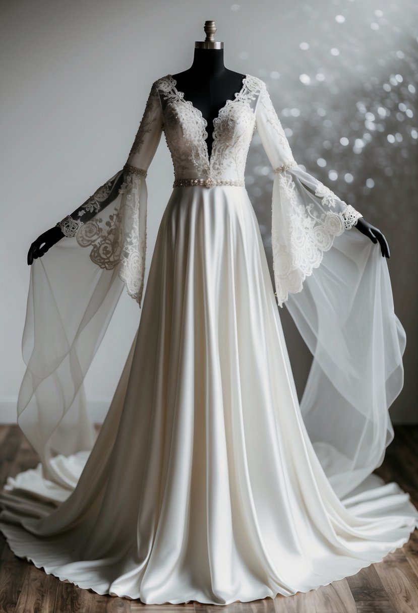 A flowing, floor-length wedding dress with billowing silk sleeves, adorned with intricate lace and delicate beading