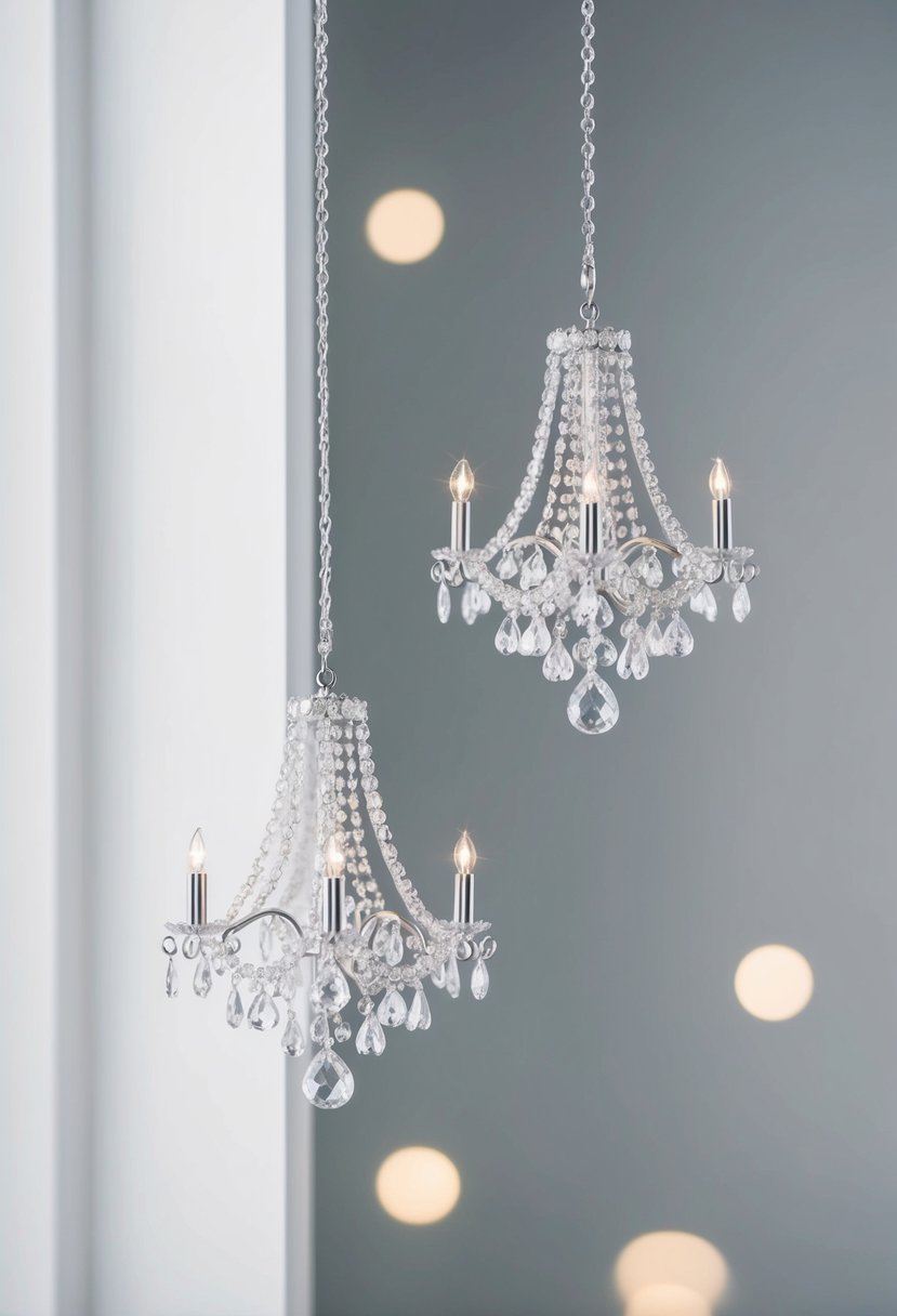 A sparkling chandelier earring design suspended against a minimalist backdrop, evoking modern elegance and sophistication for a wedding ensemble