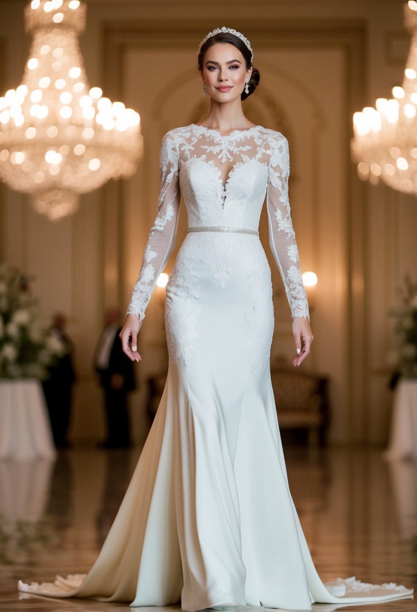 An elegant, long-sleeve wedding gown inspired by Grace Kelly, featuring delicate lace and a flowing silhouette, set against a backdrop of a grand ballroom with ornate chandeliers and opulent decor