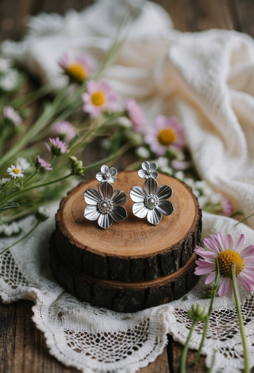 A pair of silver flower bohemian earrings displayed on a rustic wooden table, surrounded by delicate lace and wildflowers