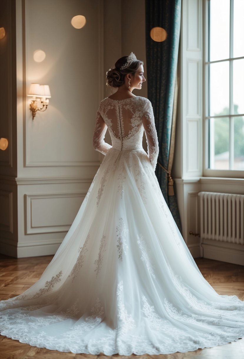 A regal bride in a long-sleeve, lace wedding gown with a flowing train, adorned with delicate details and a classic silhouette