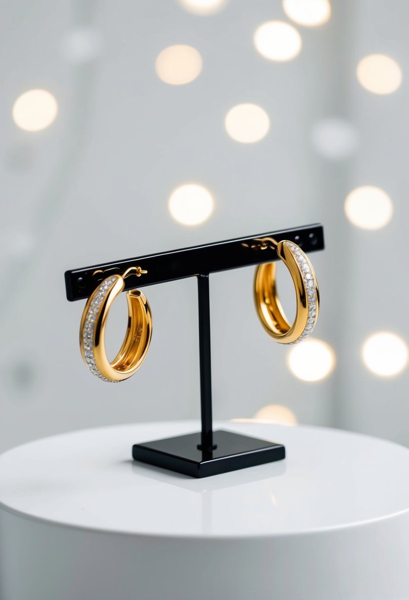 A pair of yellow gold plated accent earrings displayed on a sleek, minimalist pedestal against a clean, white background