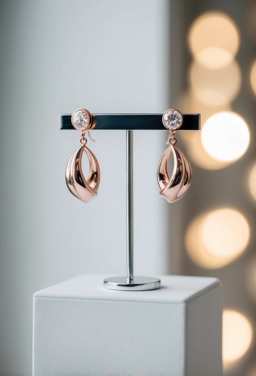 A pair of rose gold plated earrings displayed on a sleek, minimalist pedestal, with soft, diffused lighting accentuating their modern design