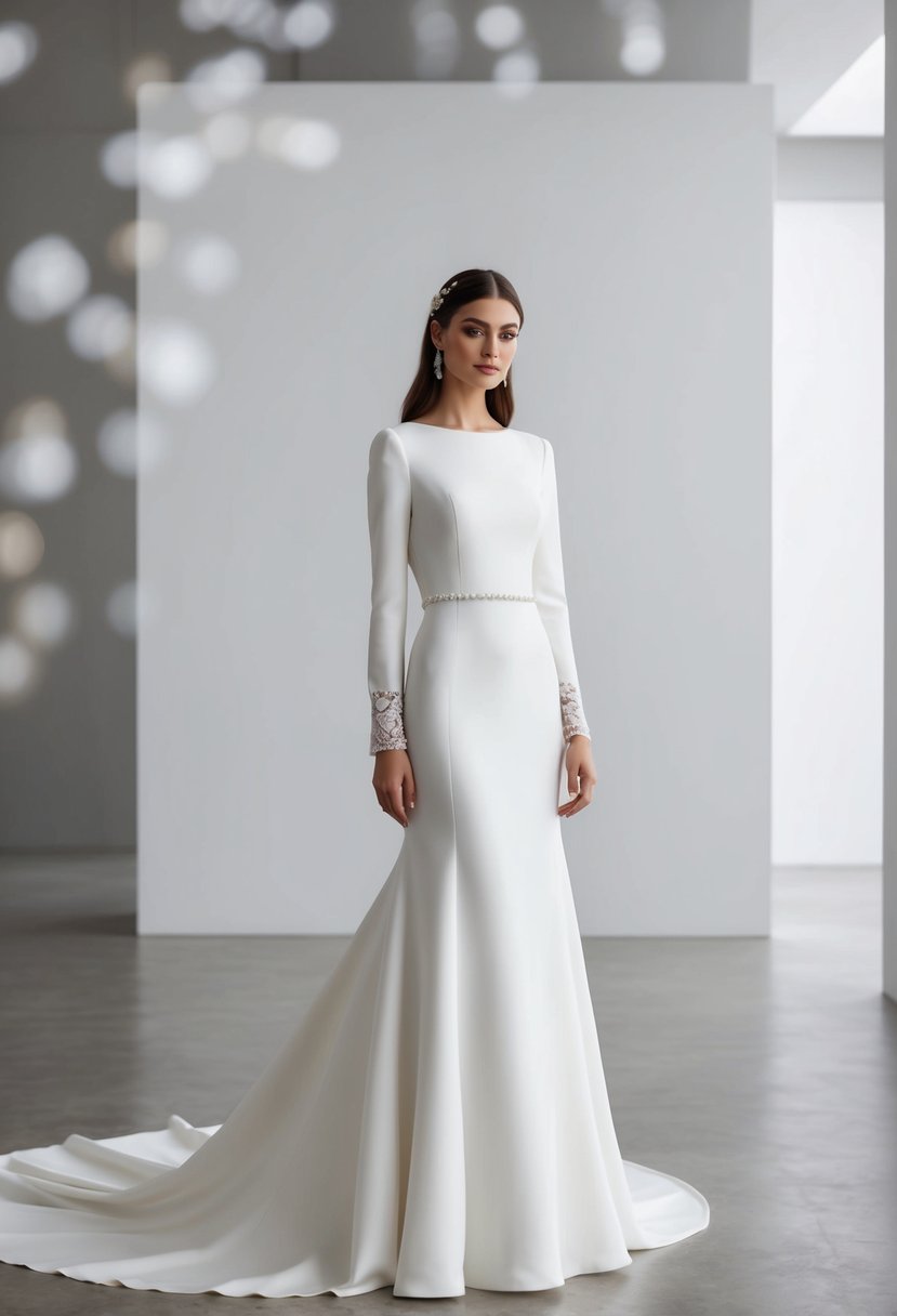 A bride in a chic, simple long-sleeve wedding dress with elegant details, standing in a minimalist, modern setting