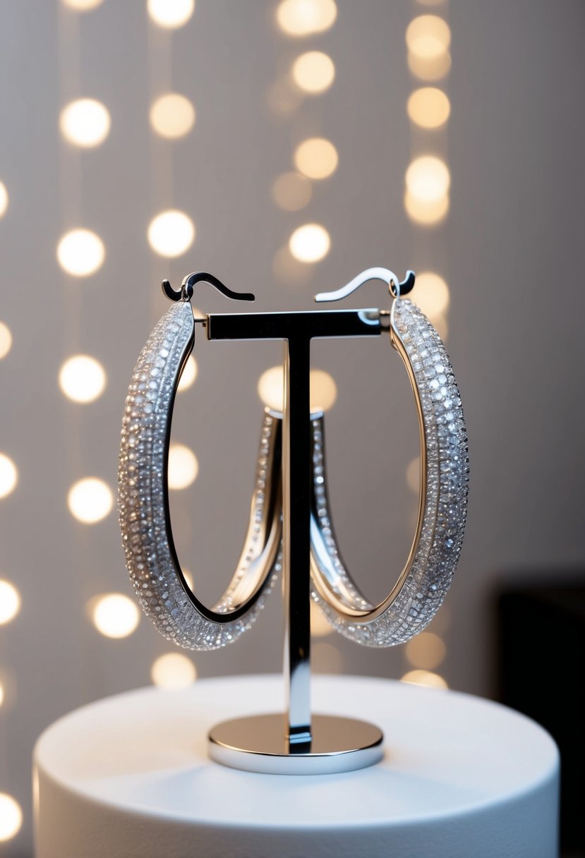 A pair of modern pave hoop earrings displayed on a sleek white pedestal, with soft lighting accentuating their sparkling details