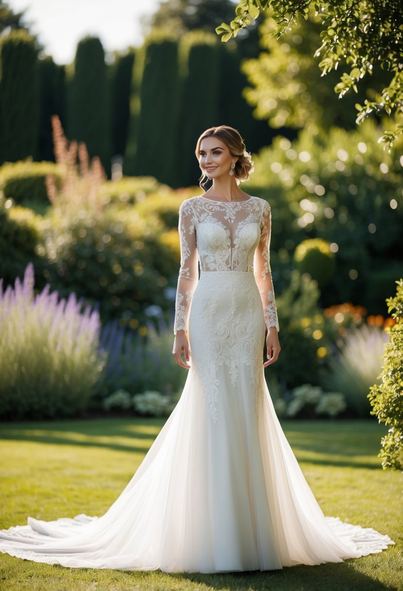 A bride standing in a garden, wearing a long-sleeved wedding dress with intricate lace detailing and a flowing train