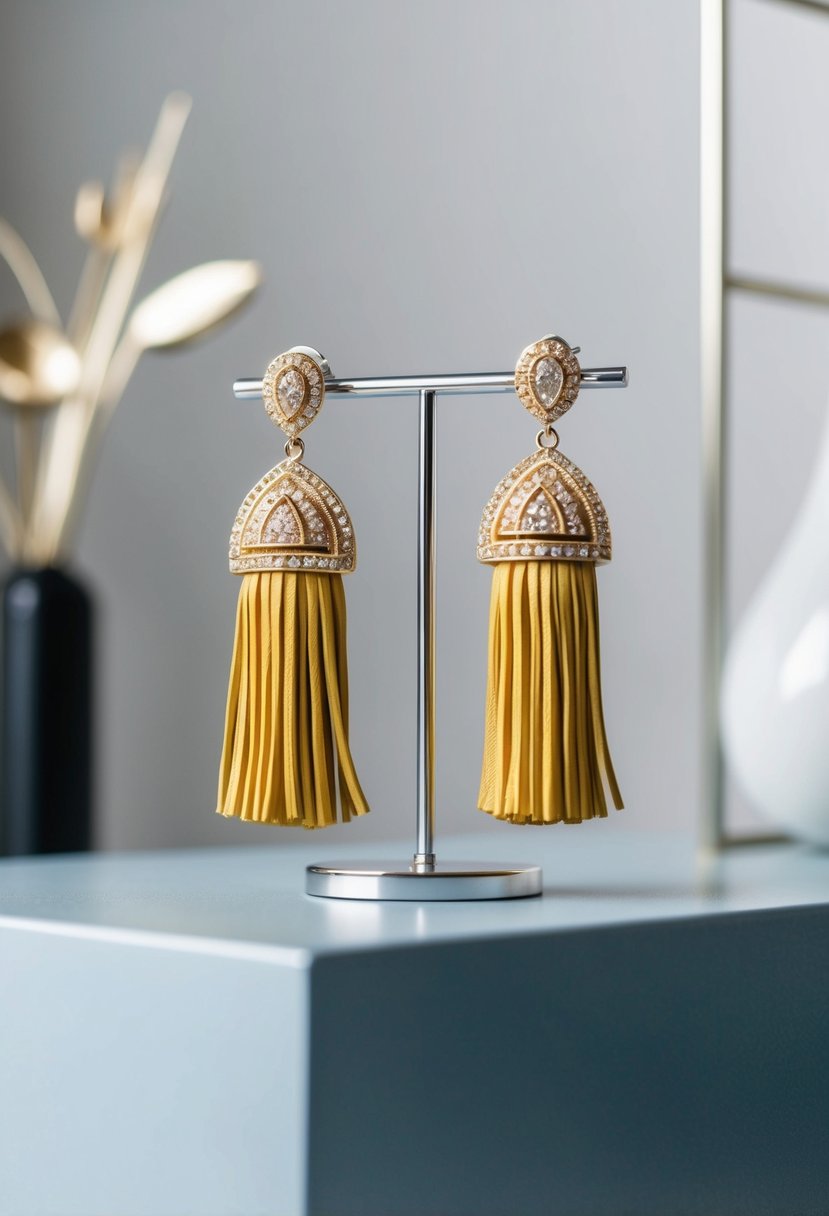 A pair of statement tassel earrings displayed on a sleek, modern surface with minimalist decor in the background