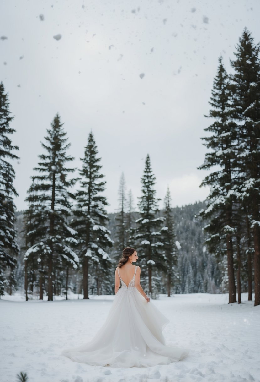 A snowy forest clearing with a bride in a flowing white gown, surrounded by pine trees and delicate snowflakes falling from the sky