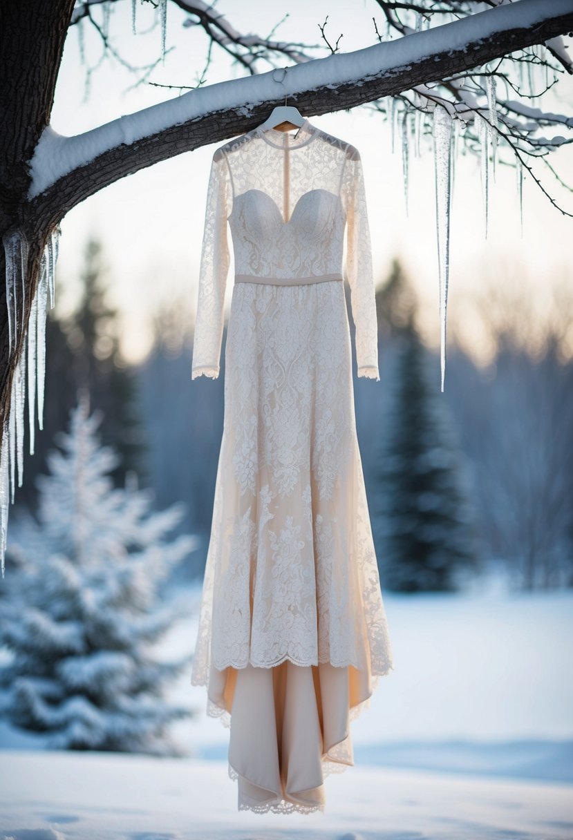 A long-sleeved lace gown with a high neckline hangs on a snow-covered tree branch, surrounded by glittering icicles and a serene winter landscape