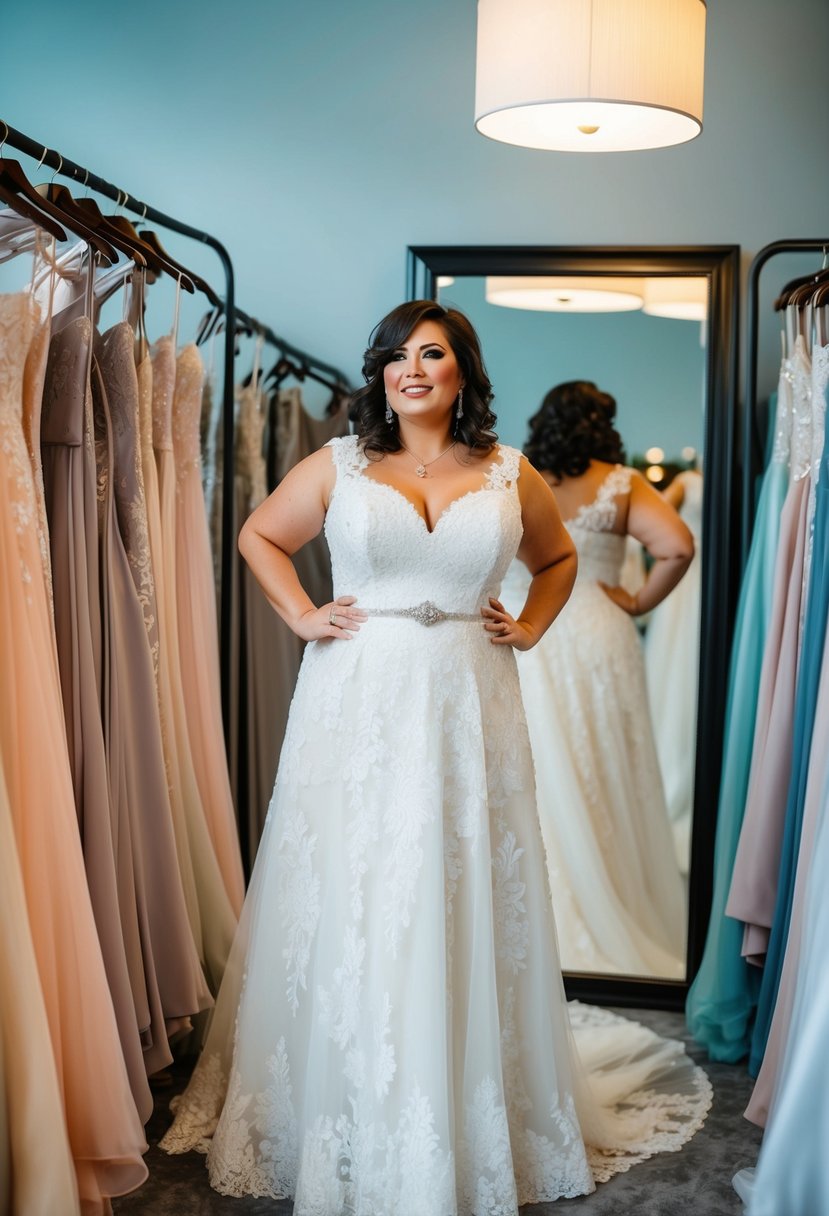 A curvy bride over 40 tries on wedding dresses in a boutique, surrounded by racks of flowing gowns and a mirror reflecting her hopeful expression