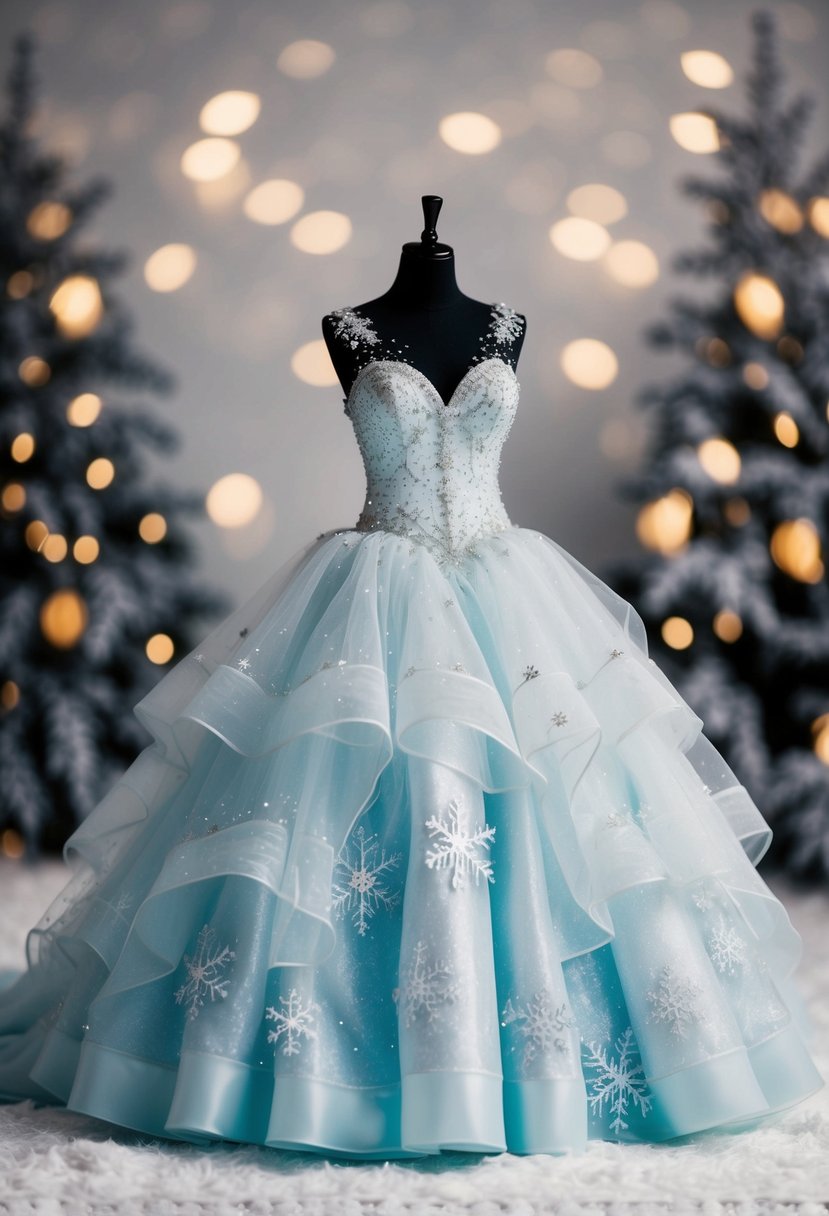 A sparkling ball gown with layers of ethereal organza and tulle, adorned with delicate snowflake-inspired details, set against a wintry backdrop