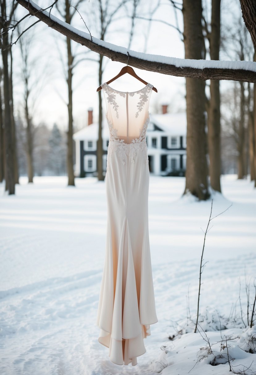 A snow-covered forest clearing, with a solitary manor in the background. A delicate, sheer back illusion dress hangs from a tree branch, catching the soft winter light